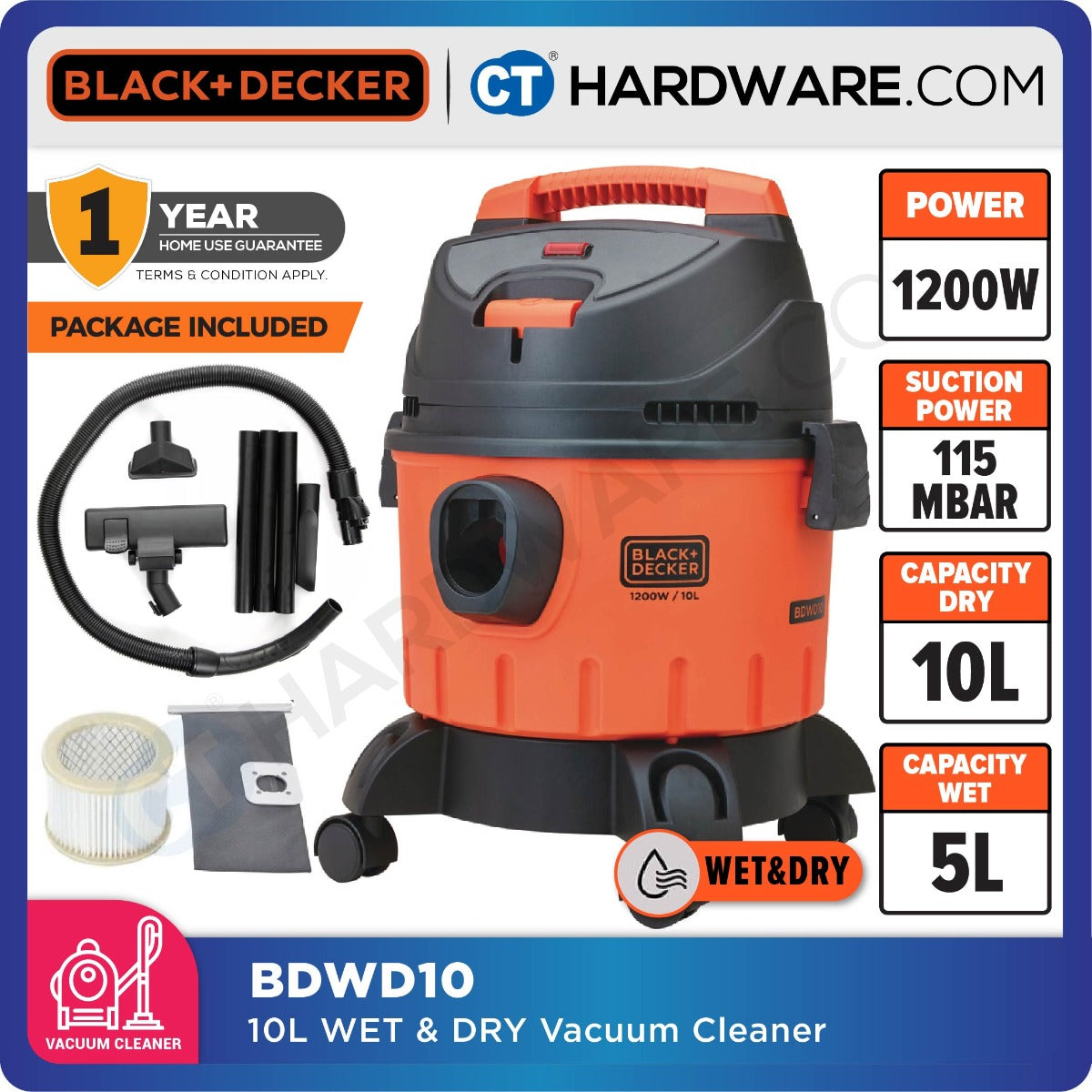 BLACK+DECKER BDWD10 Wet & Dry Vacuum Cleaner 10L 1200W
