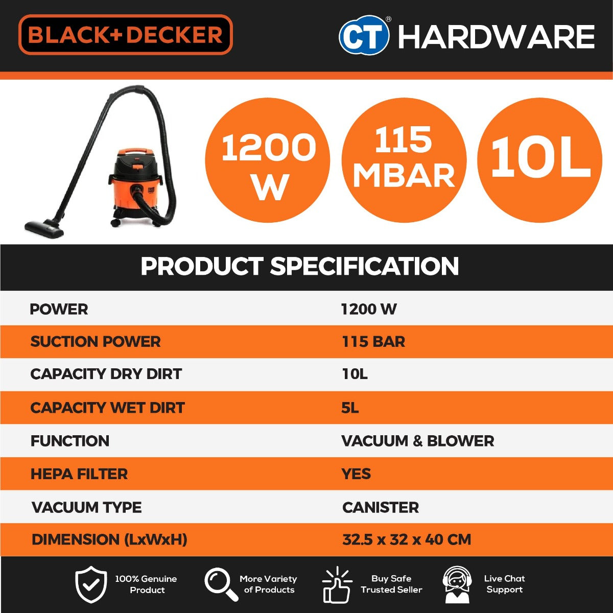 BLACK+DECKER BDWD10 Wet & Dry Vacuum Cleaner 10L 1200W