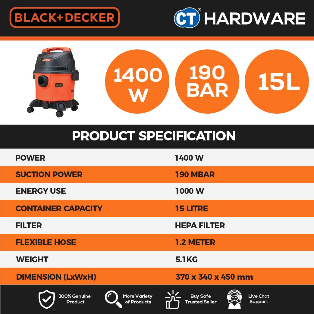 BLACK+DECKER BDWD15 Wet & Dry Vacuum Cleaner 15L 1400W 190MBar Suction