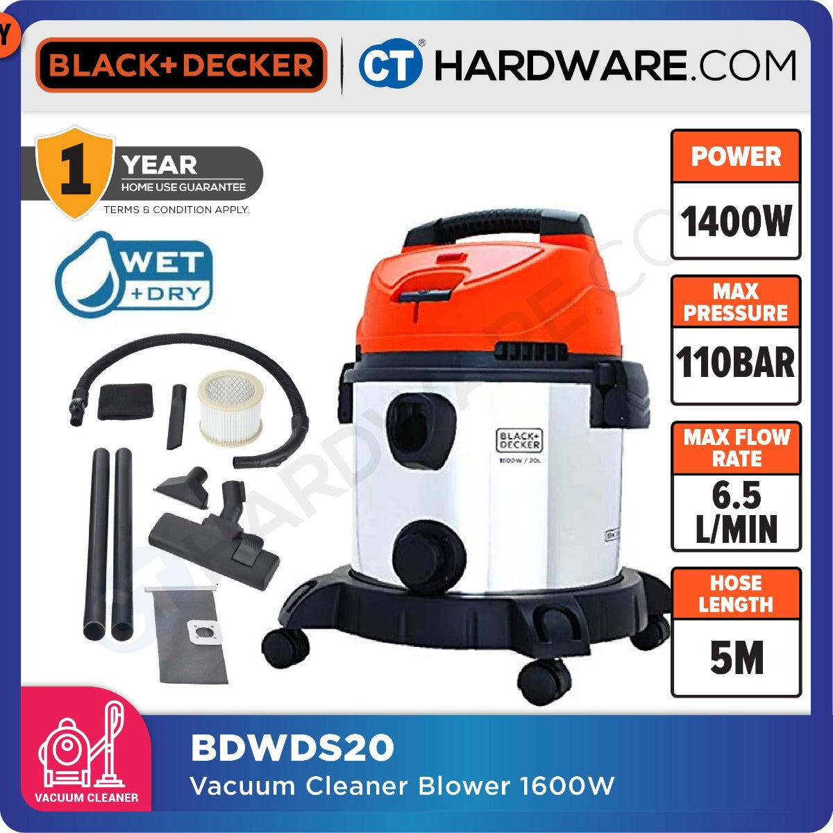 BLACK+DECKER BDWDS20 Multi-Function Wet & Dry Vacuum Cleaner 20L 1600W (S/Steel)