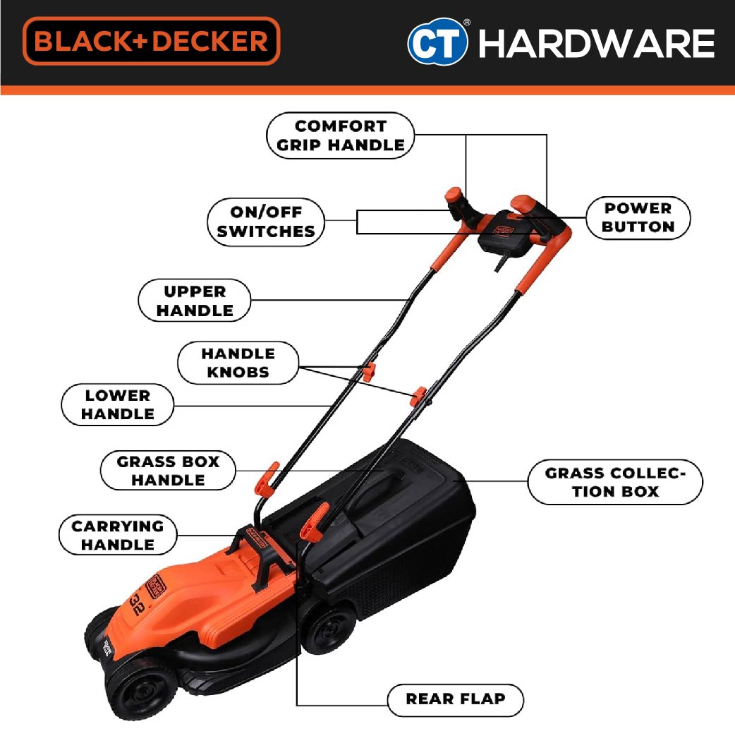 BLACK+DECKER BEMW451BH-B1 Electric Lawn Mower 1200W 32cm 35l With Ergonomic Bike Handle