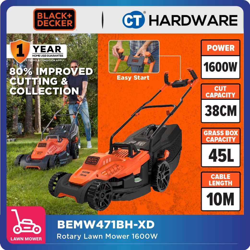 BLACK+DECKER BEMW471BH Electric Lawn Mower 1600W 38cm 45l With Ergonomic Bike Handle