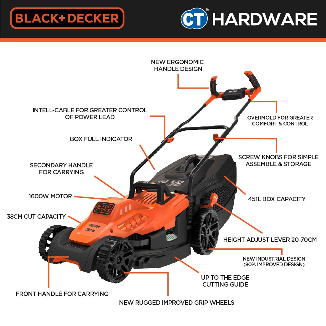 BLACK+DECKER BEMW471BH Electric Lawn Mower 1600W 38cm 45l With Ergonomic Bike Handle