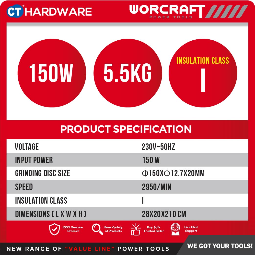 WORCRAFT BG20-150 BENCH GRINDER 6" 200W 2950RPM (150 X 16 X 12.7MM) (BG20150)