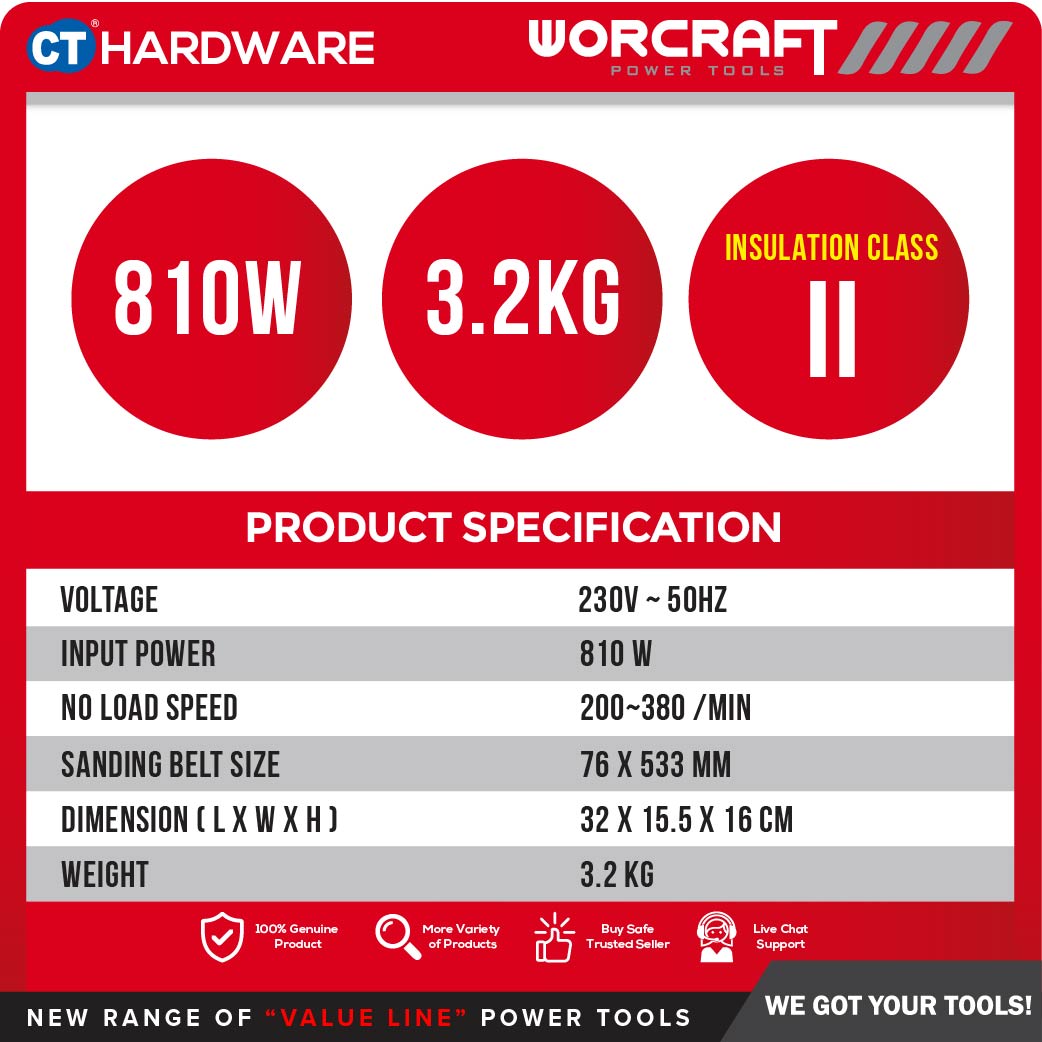 WORCRAFT BS08-76 BELT SANDER 810W 200-380MPM 76 X 533MM ( 3" X 21" ) (BS0876)