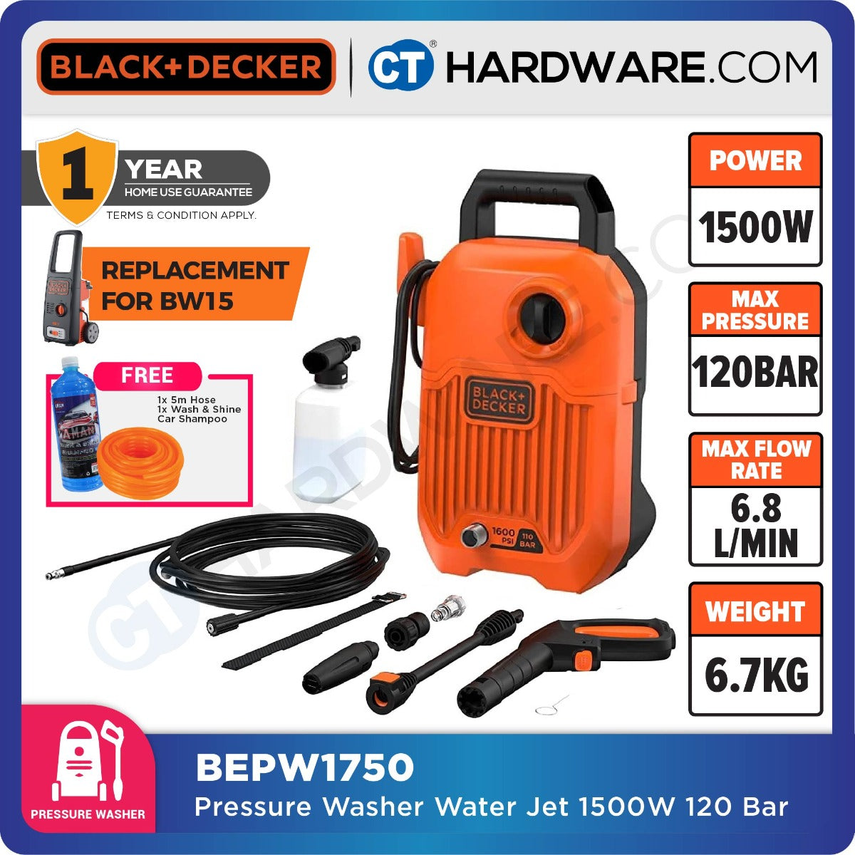 BLACK+DECKER BEPW1750 High Pressure Washer 120 Bar 1500W (Replacing Waterjet Model BW15)
