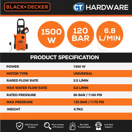 BLACK+DECKER BEPW1750 High Pressure Washer 120 Bar 1500W (Replacing Waterjet Model BW15)