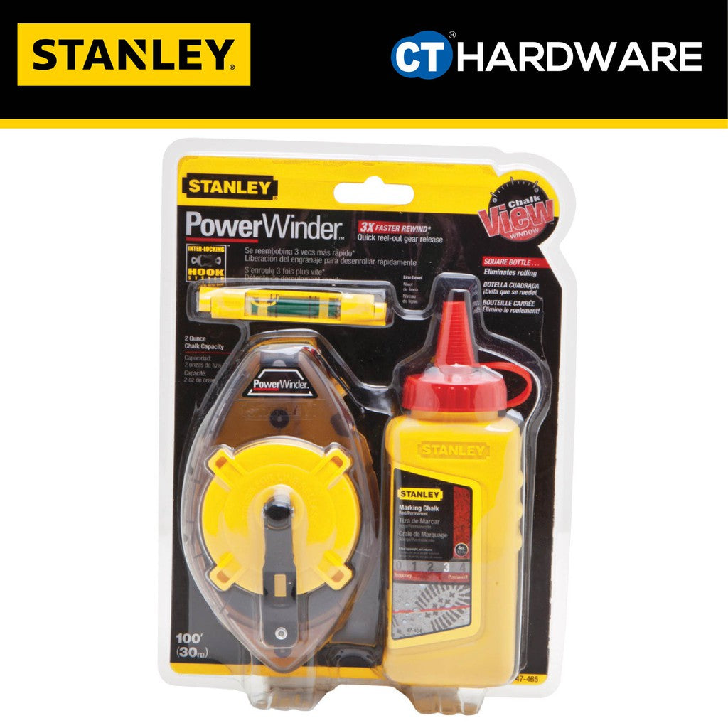 STANLEY 47-465 POWERWINDER WITH RED CHALK AND LINE LEVEL 30M / 100FT