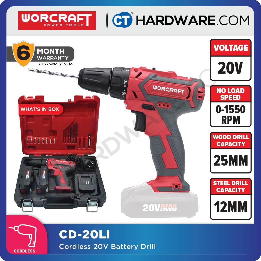 WORCRAFT CD20LI CORDLESS DRILL 20V COME WITH ACCESSORIES | 2x 1.5AH BATTERY & 1x CHARGER