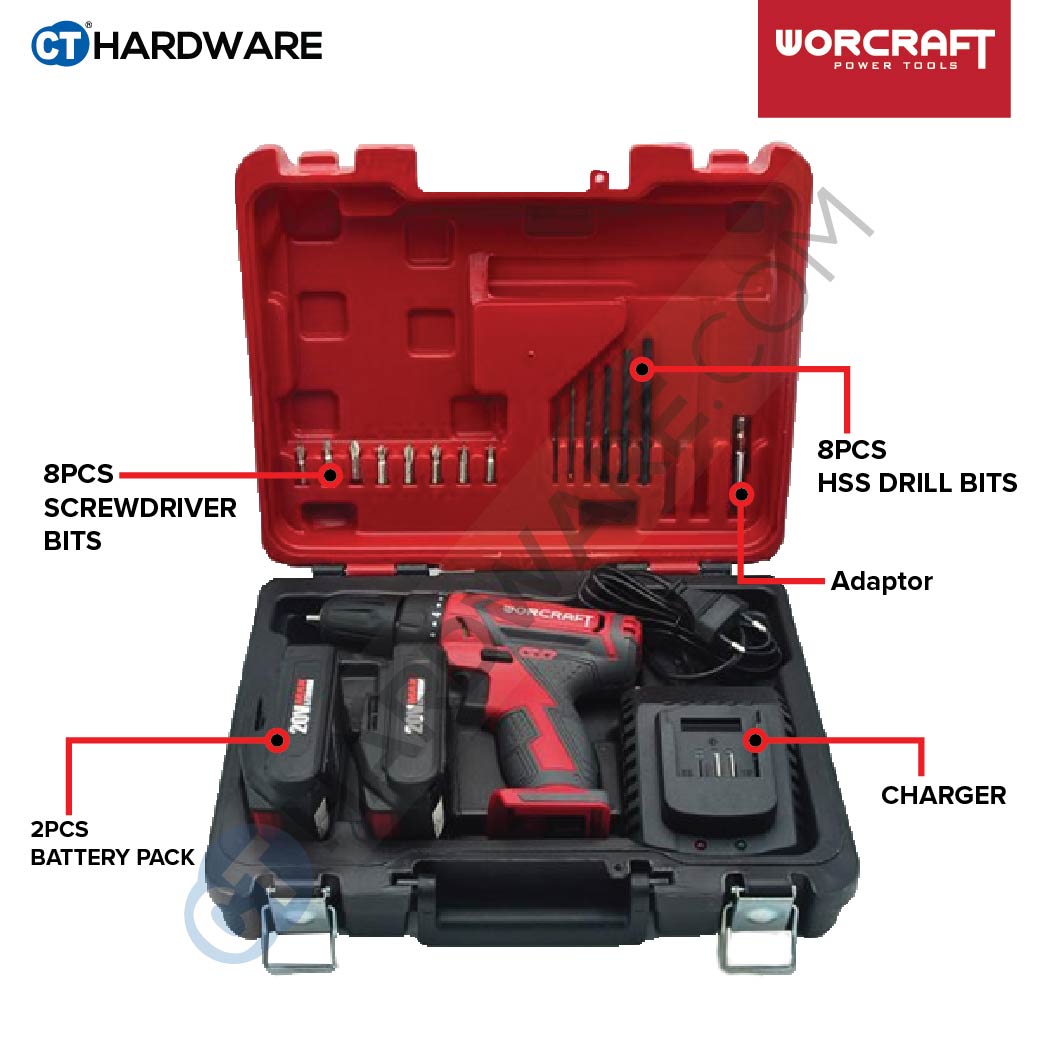 WORCRAFT CD20LI CORDLESS DRILL 20V COME WITH ACCESSORIES | 2x 1.5AH BATTERY & 1x CHARGER