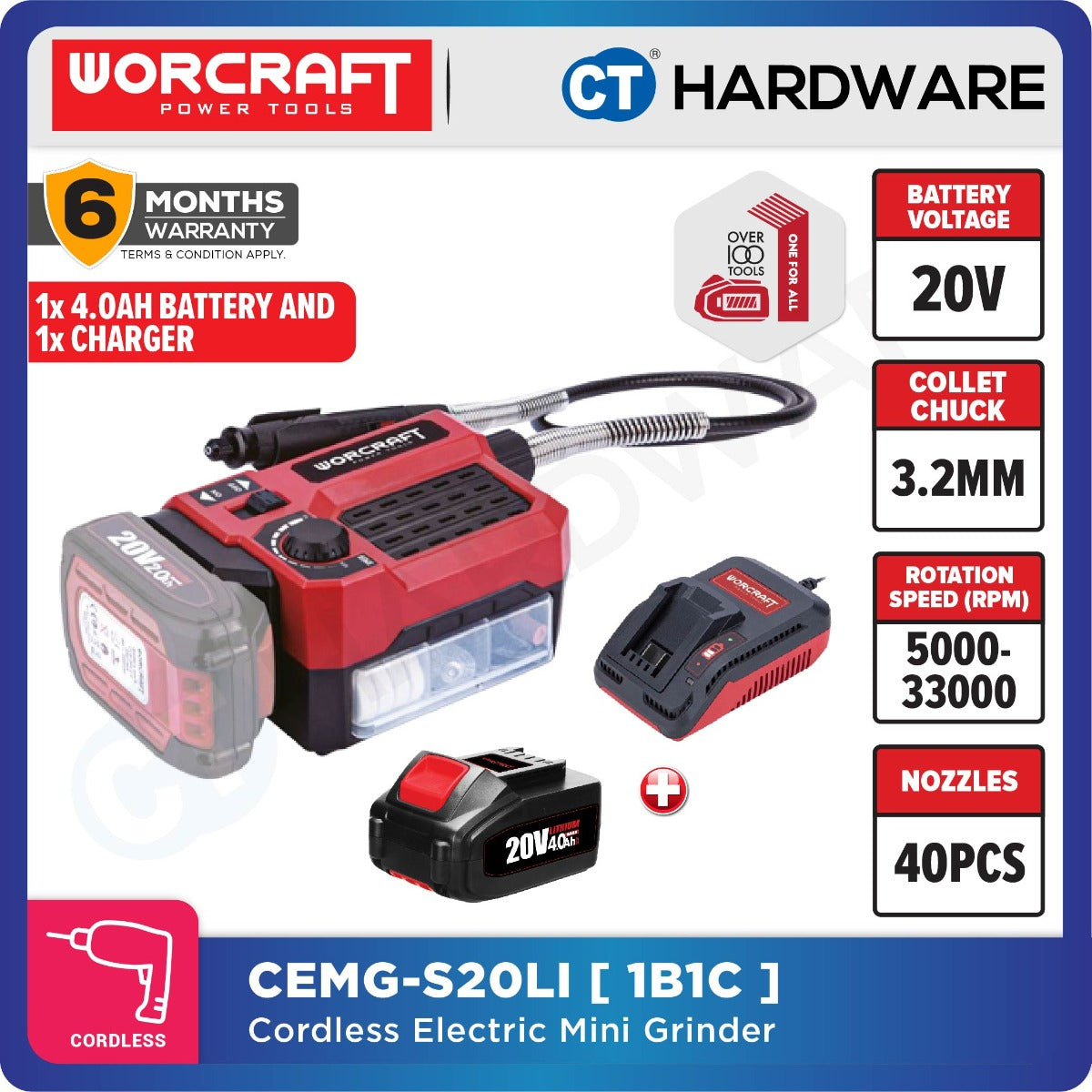 Worcraft CEMG-S20Li 20V Cordless Engraver Mini Grinder 33000RPM with 40pcs Accessories