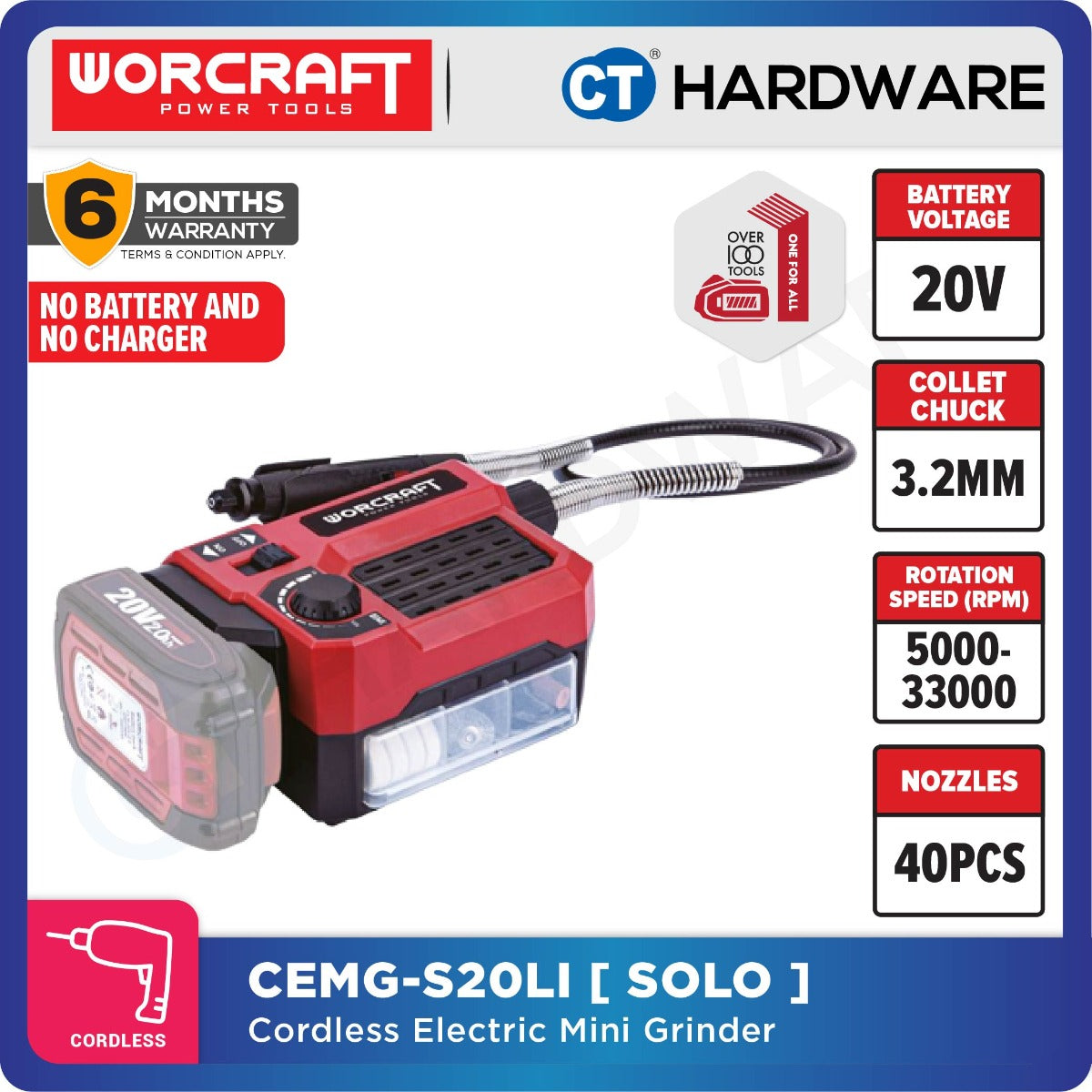 Worcraft CEMG-S20Li 20V Cordless Engraver Mini Grinder 33000RPM with 40pcs Accessories