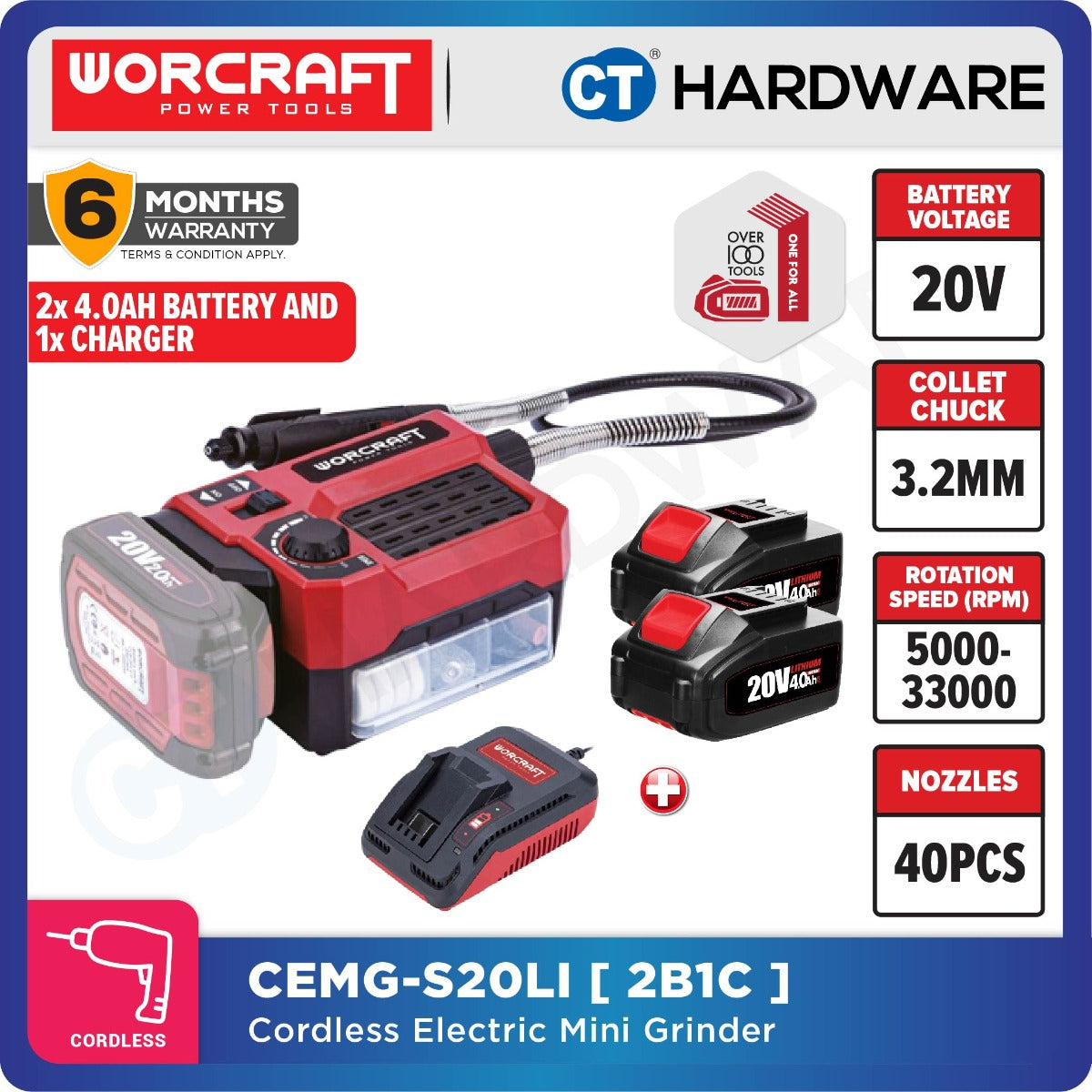 Worcraft CEMG-S20Li 20V Cordless Engraver Mini Grinder 33000RPM with 40pcs Accessories