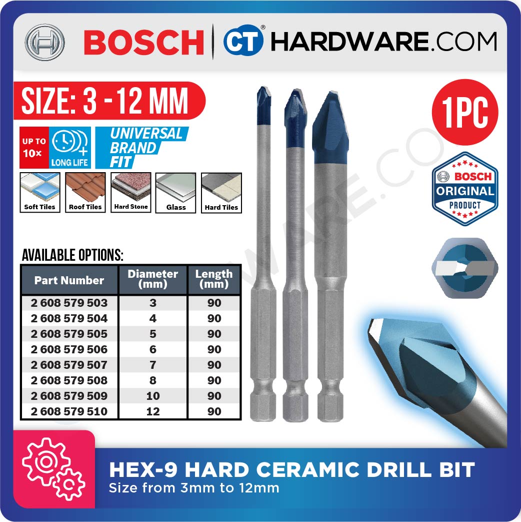 BOSCH HEX-9 HARD CERAMIC TILE DRILL BIT SIZE 3 MM - 12 MM | UNIVERSAL BRAND FIT | LONG LIFE - 1PC