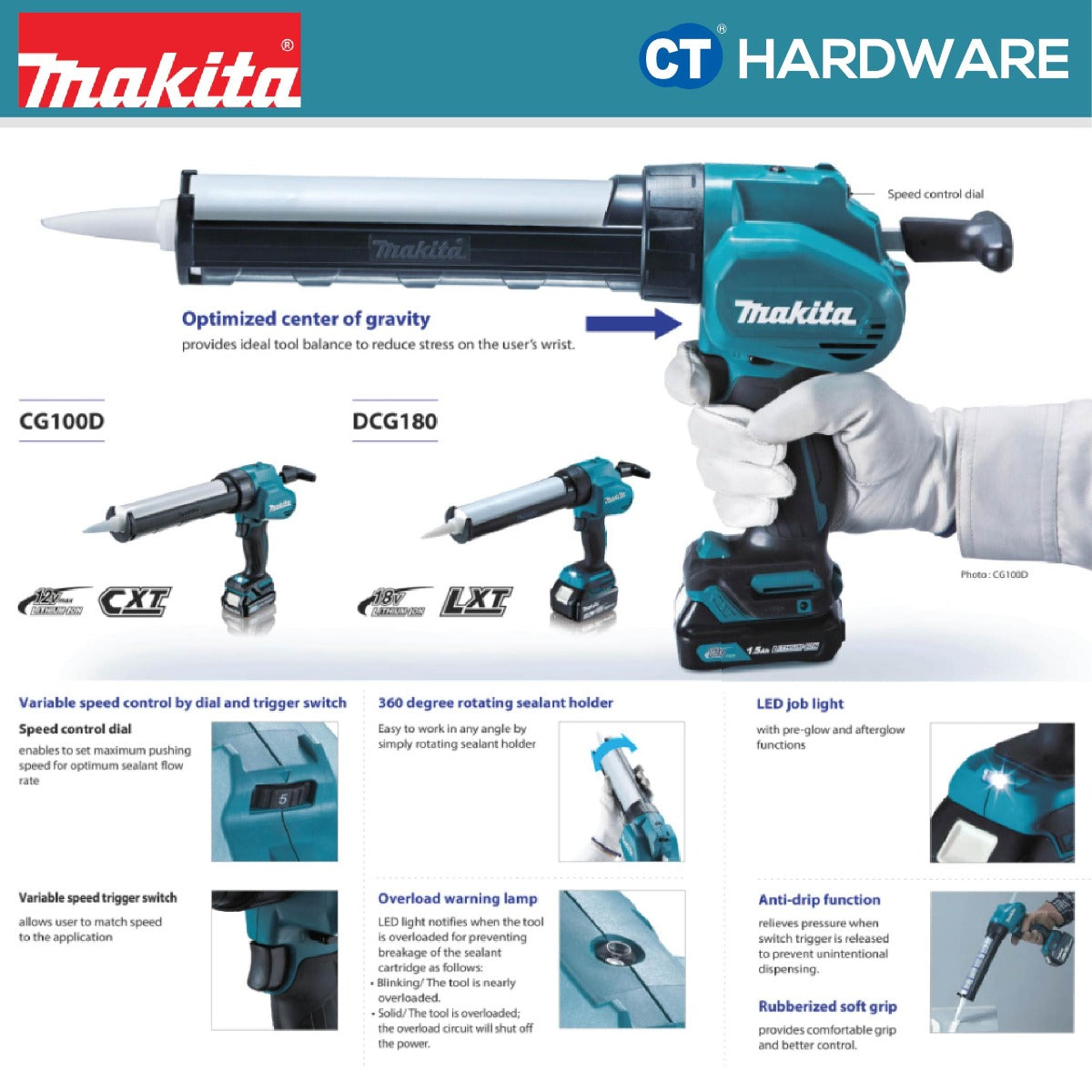 Makita CG100DZA CXT 12Vmax Cordless Caulking Gun 300ml (Body Only)