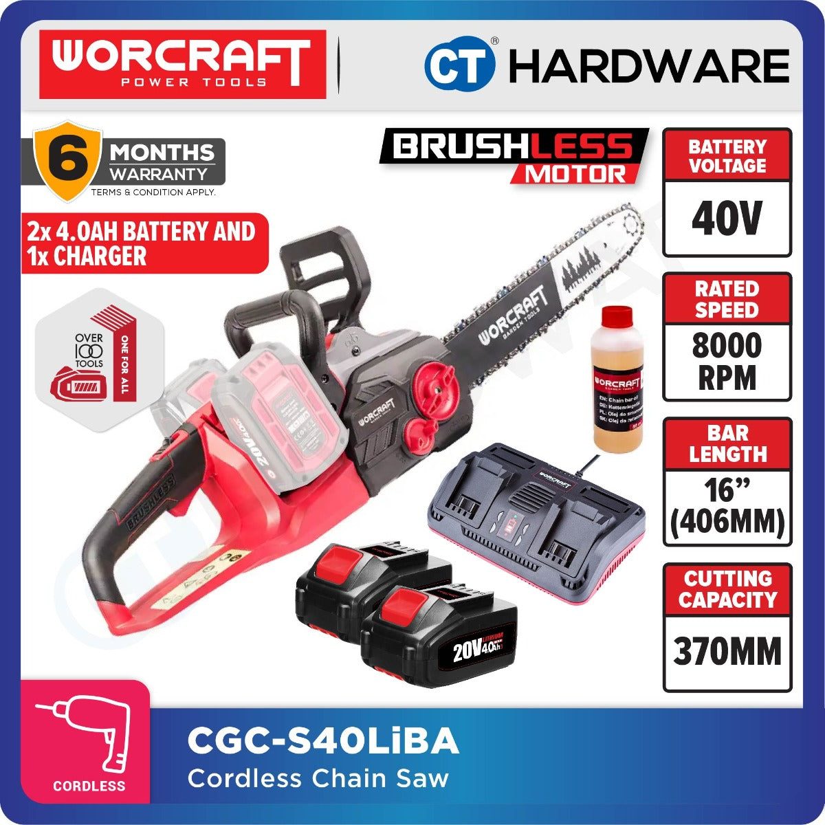 Worcraft CGC-S40LiBA 40V Cordless Brushless Chain Saw 16" 8000RPM