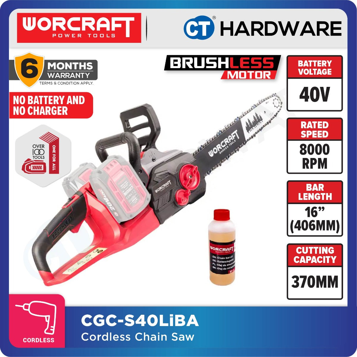 Worcraft CGC-S40LiBA 40V Cordless Brushless Chain Saw 16" 8000RPM