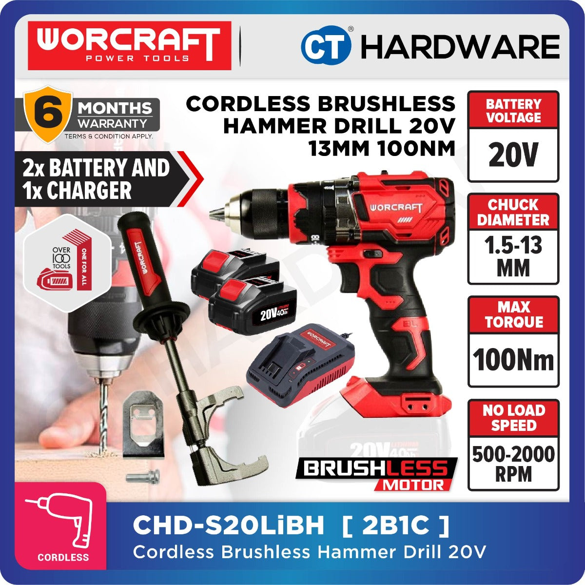 Worcraft CHD-S20LiBH 20V Cordless Brushless Hammer Drill 13mm 100Nm