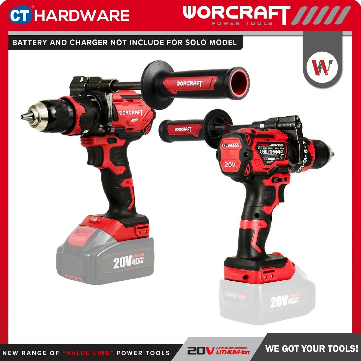 Worcraft CHD-S20LiBH 20V Cordless Brushless Hammer Drill 13mm 100Nm