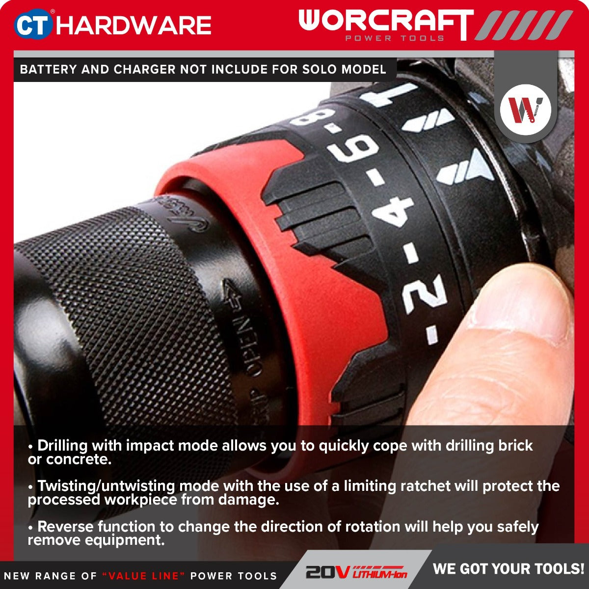 Worcraft CHD-S20LiBH 20V Cordless Brushless Hammer Drill 13mm 100Nm