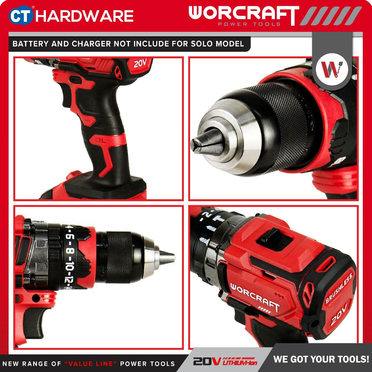 Worcraft CHD-S20LiBH 20V Cordless Brushless Hammer Drill 13mm 100Nm