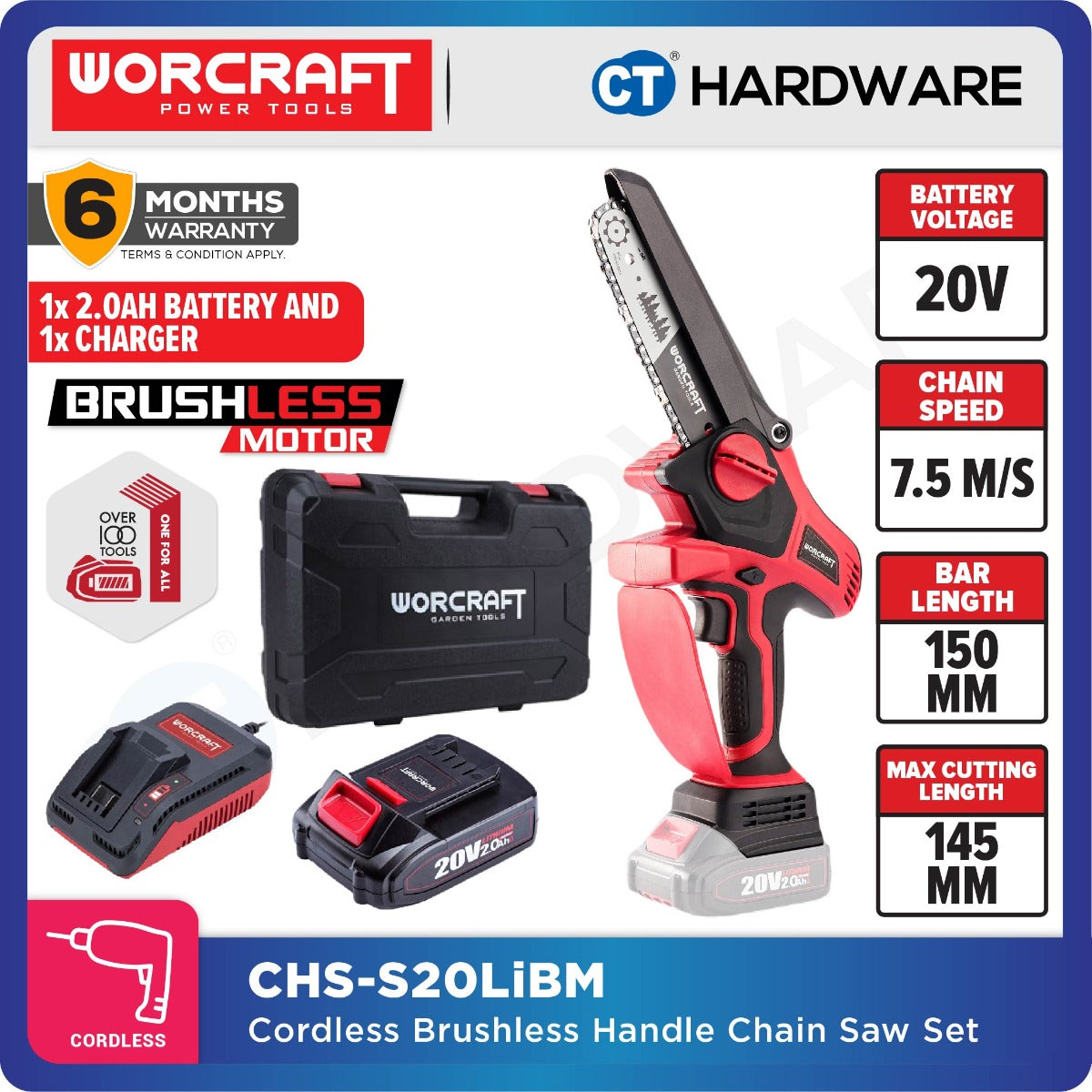 WORCRAFT CHS-S20LiBM CORDLESS BRUSHLESS HANDLE MINI CHAIN SAW 20V | 6" COME WITH 1x 2.0AH BATTERY AND CHARGER