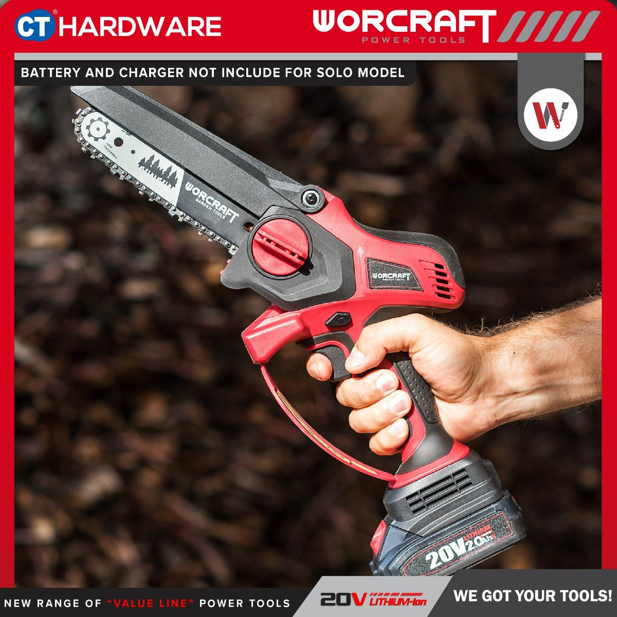 WORCRAFT CHS-S20LiBM CORDLESS BRUSHLESS HANDLE MINI CHAIN SAW 20V | 6" COME WITH 1x 2.0AH BATTERY AND CHARGER