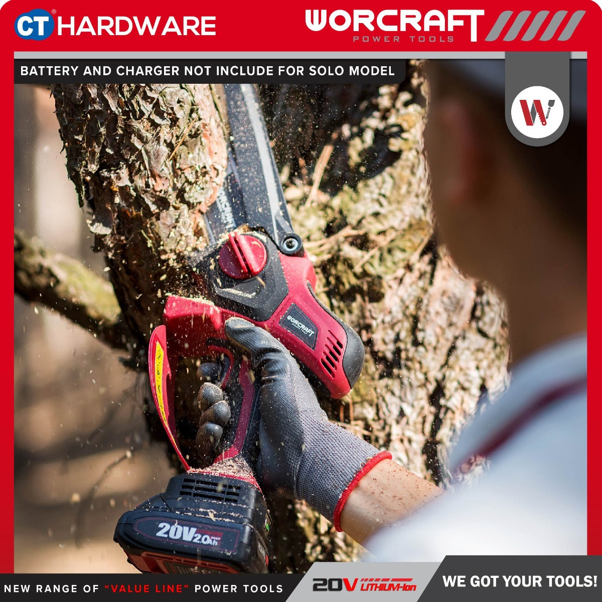 WORCRAFT CHS-S20LiBM CORDLESS BRUSHLESS HANDLE MINI CHAIN SAW 20V | 6" COME WITH 1x 2.0AH BATTERY AND CHARGER