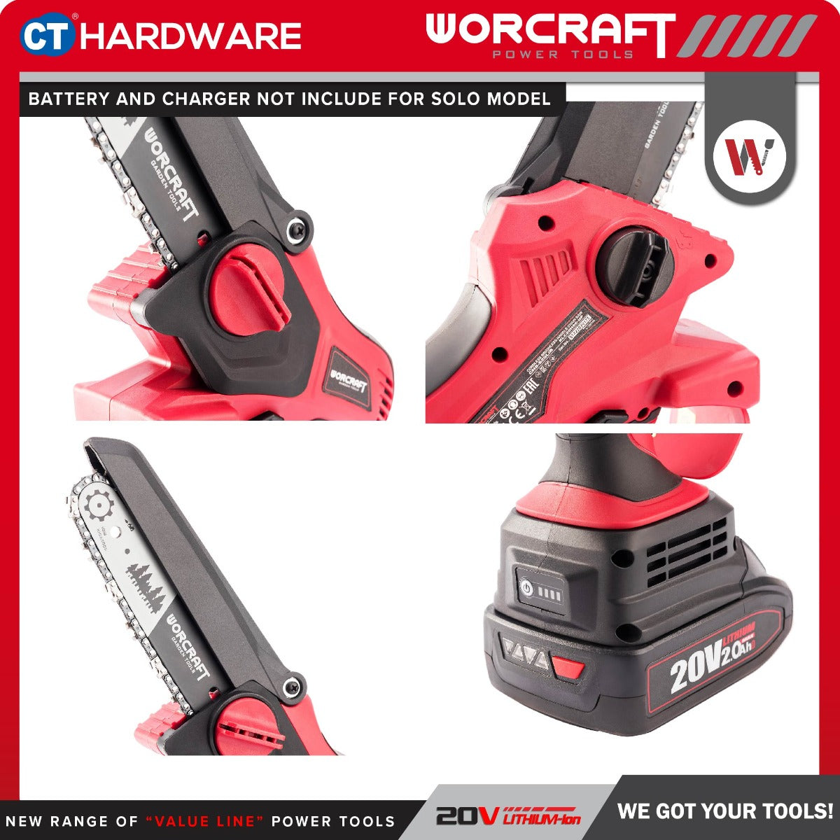 WORCRAFT CHS-S20LiBM CORDLESS BRUSHLESS HANDLE MINI CHAIN SAW 20V | 6" COME WITH 1x 2.0AH BATTERY AND CHARGER