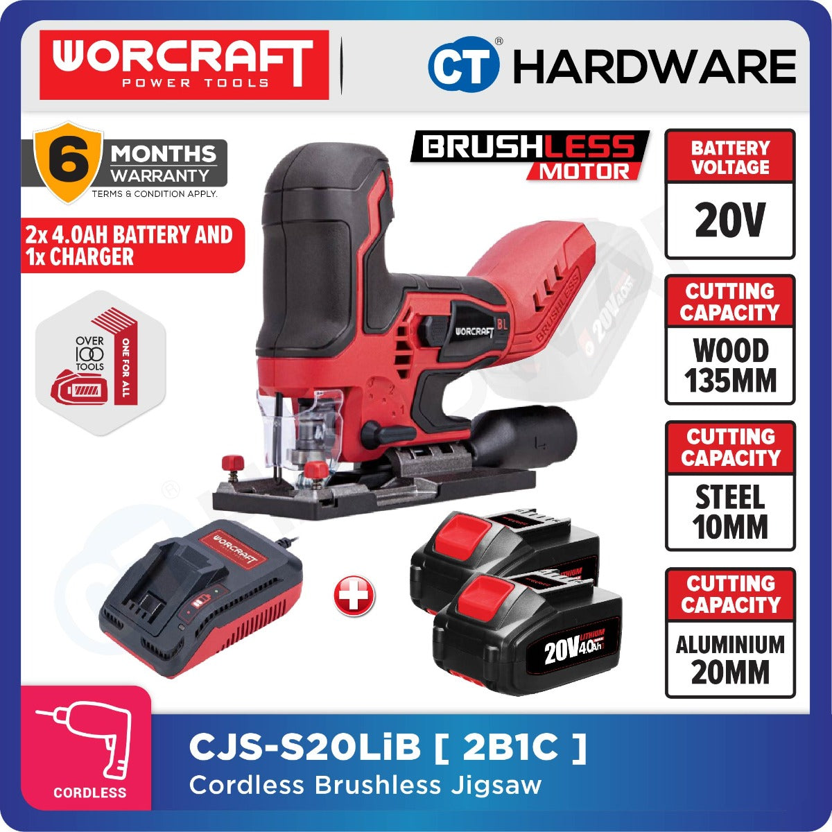 Worcraft CJS-S20LiB 20V Cordless Brushless Jigsaw 26mm 3800SPM