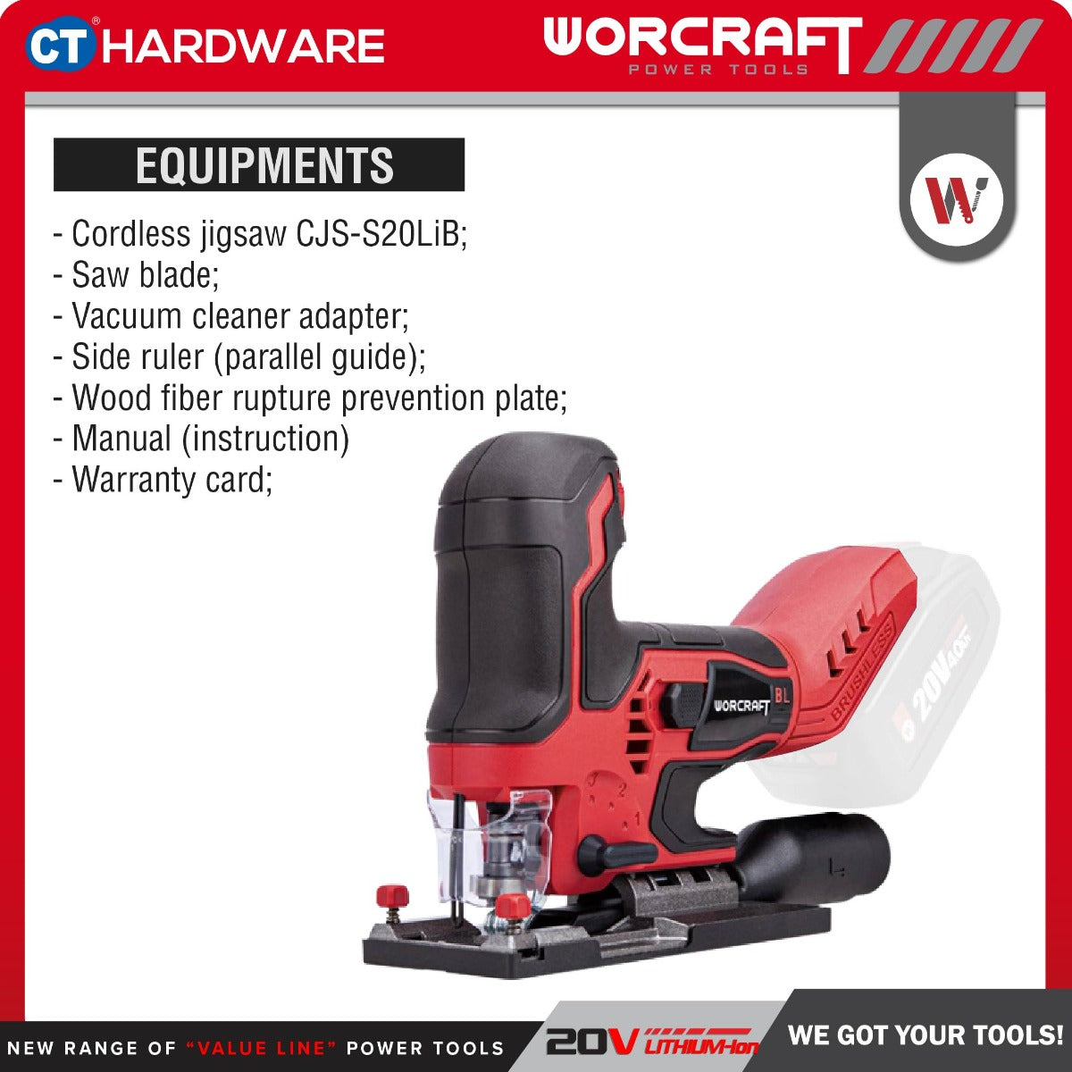 Worcraft CJS-S20LiB 20V Cordless Brushless Jigsaw 26mm 3800SPM