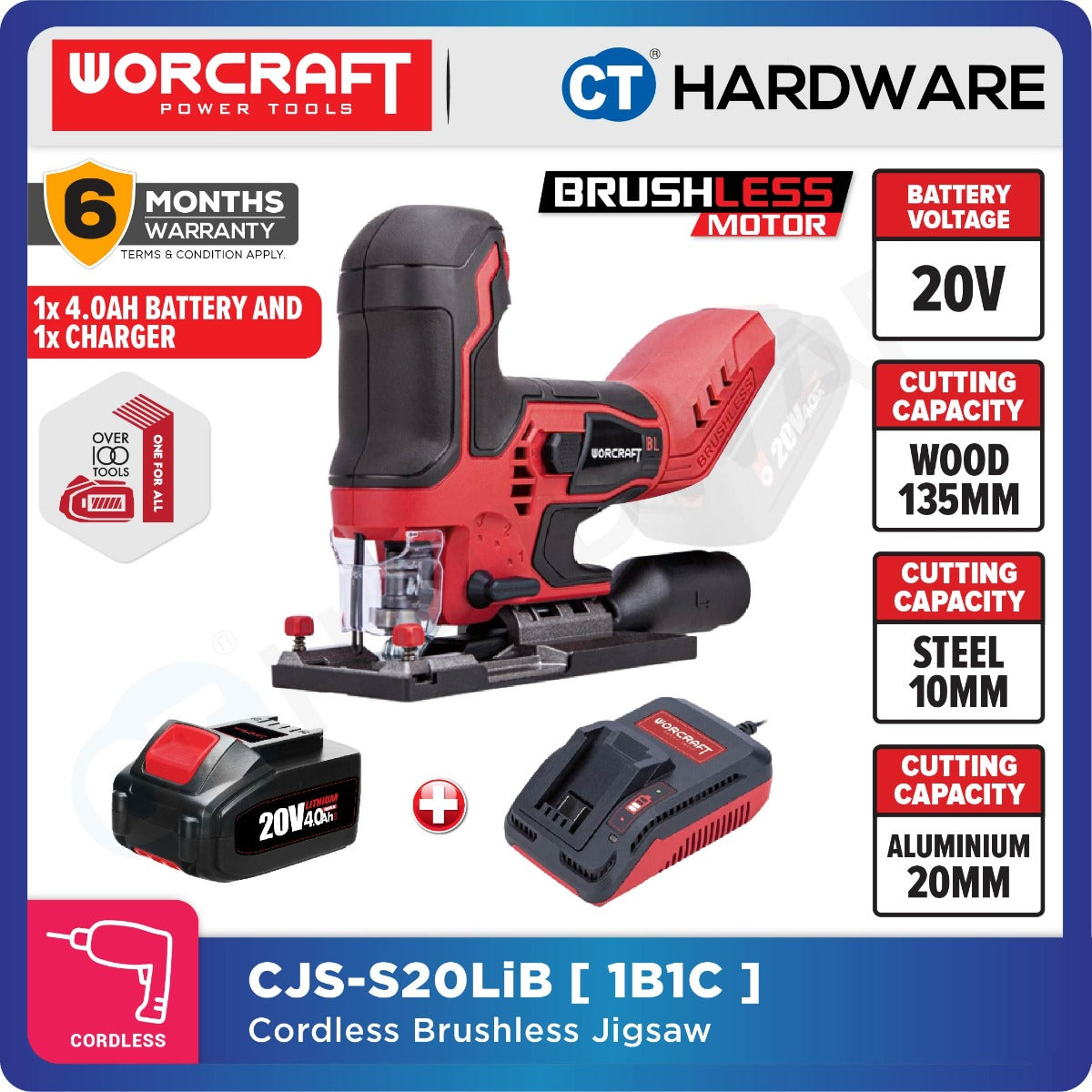 Worcraft CJS-S20LiB 20V Cordless Brushless Jigsaw 26mm 3800SPM