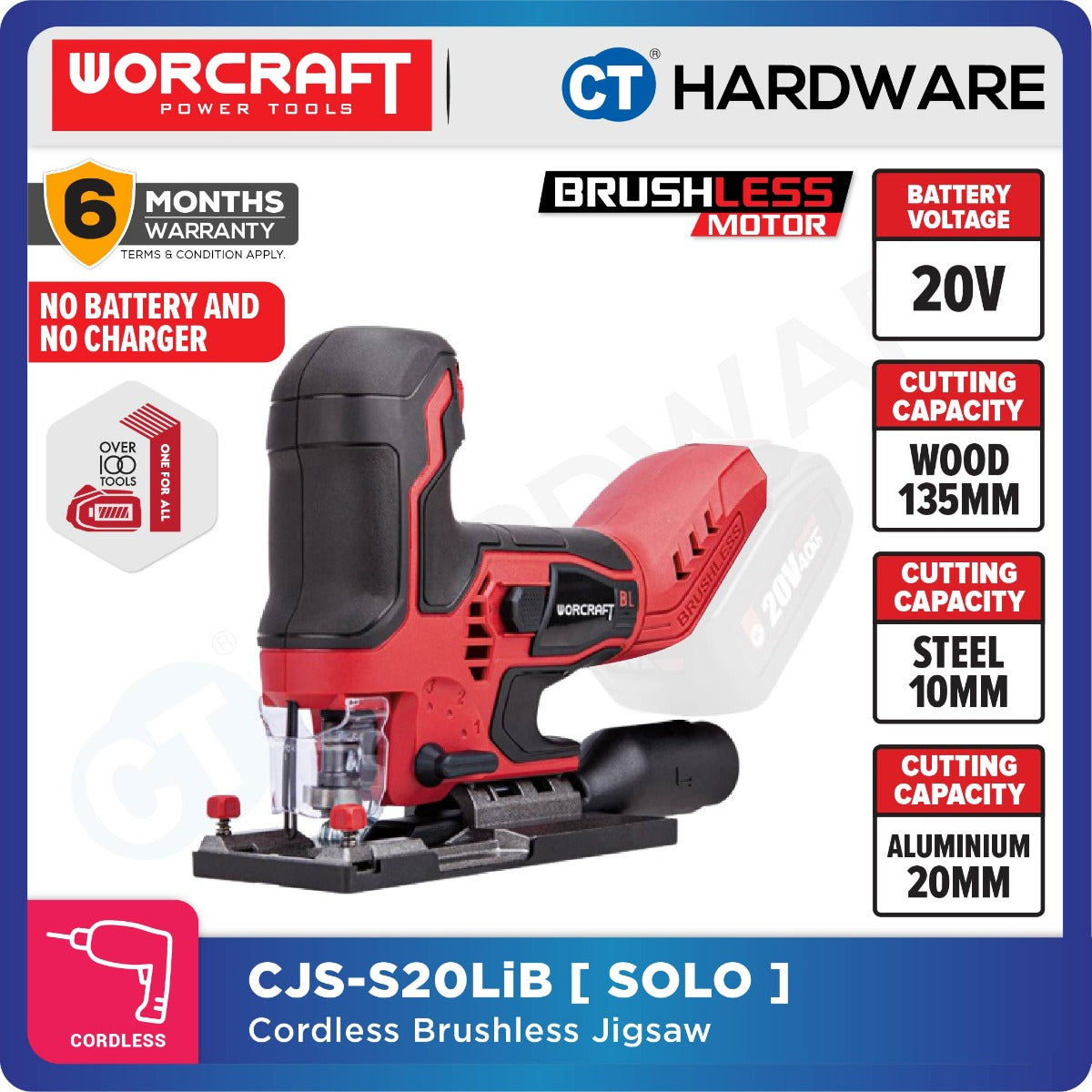 Worcraft CJS-S20LiB 20V Cordless Brushless Jigsaw 26mm 3800SPM