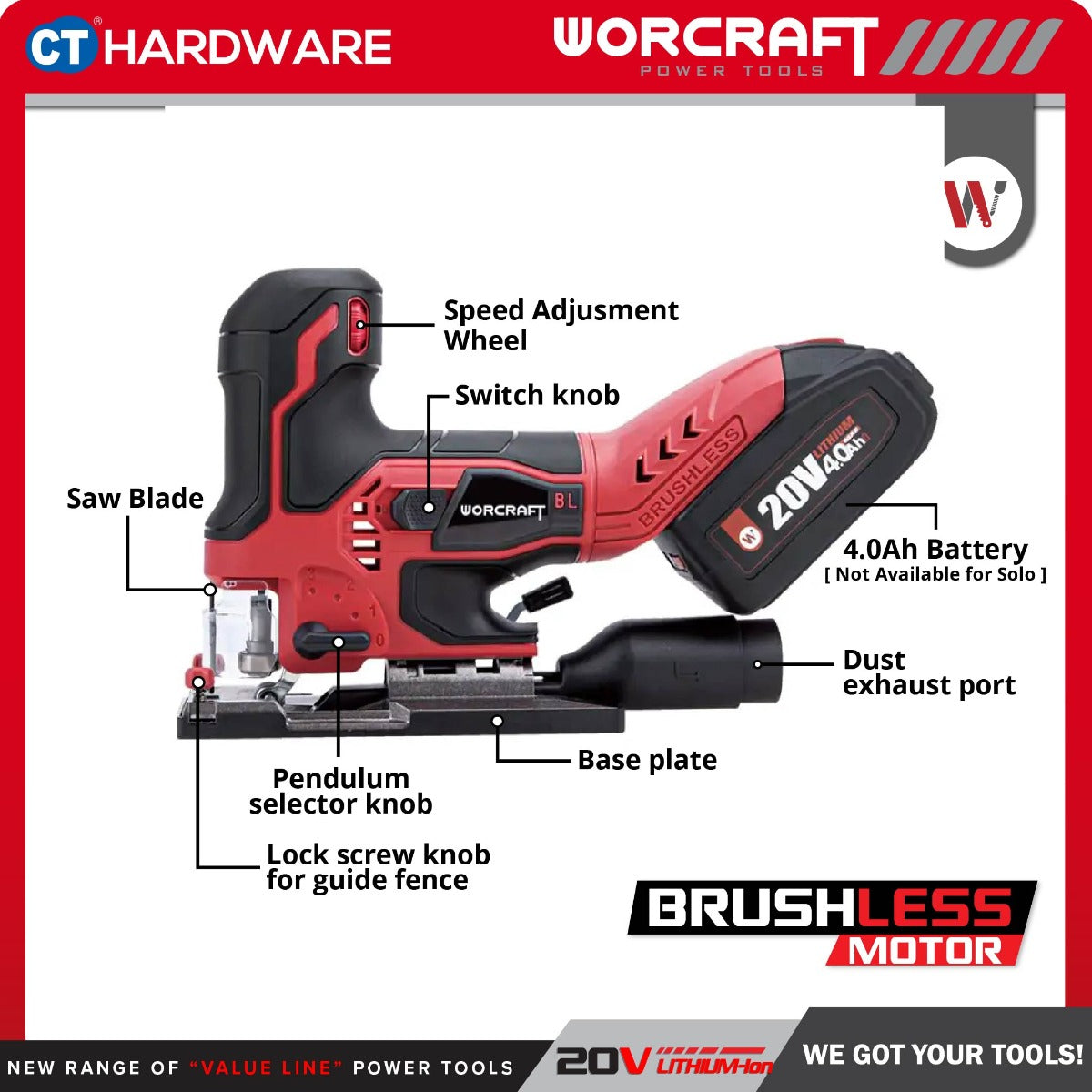 Worcraft CJS-S20LiB 20V Cordless Brushless Jigsaw 26mm 3800SPM
