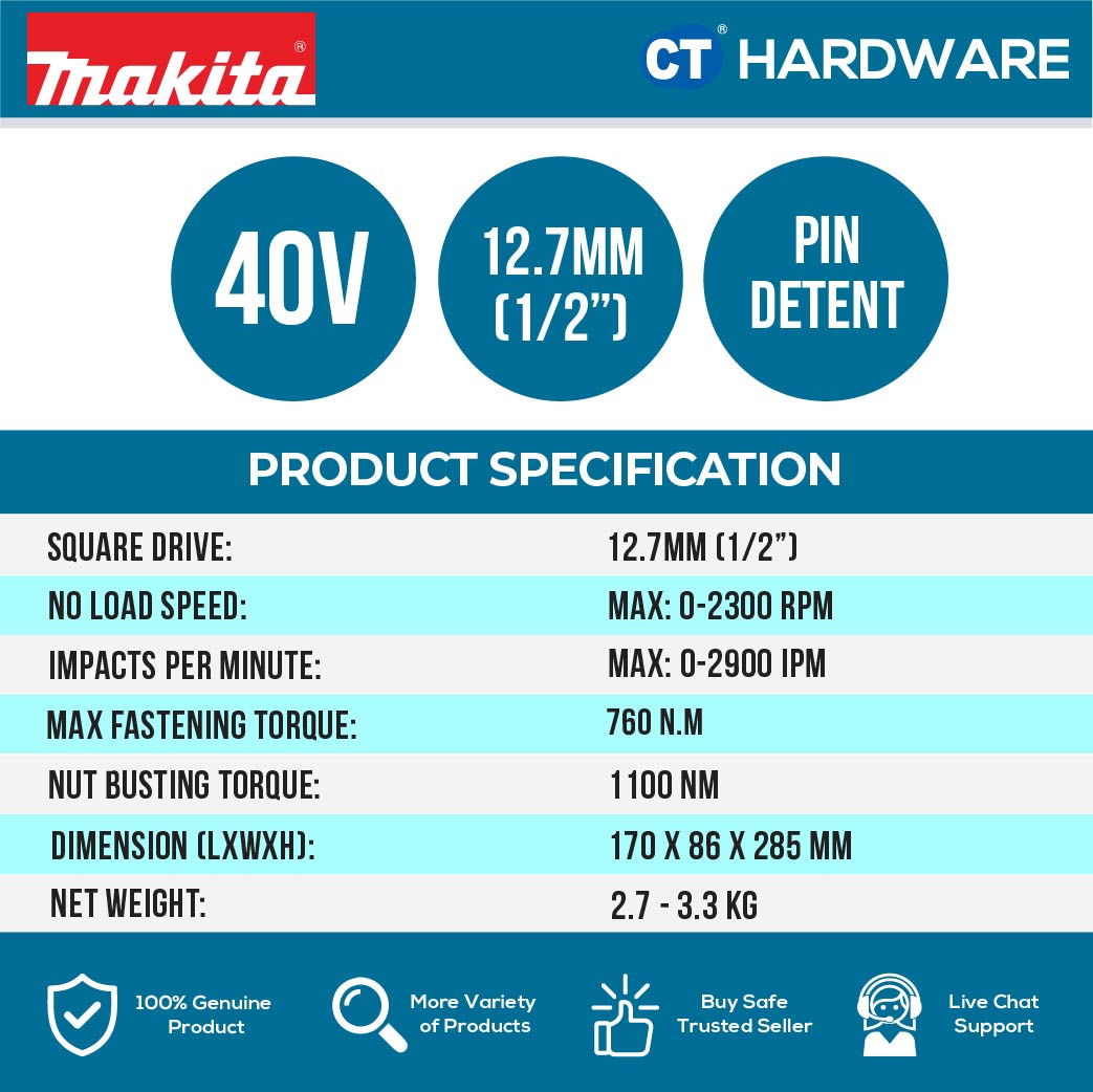 Makita TW008GZ XGT 40Vmax Cordless Brushless Impact Wrench 1/2" 760NM (Body Only)