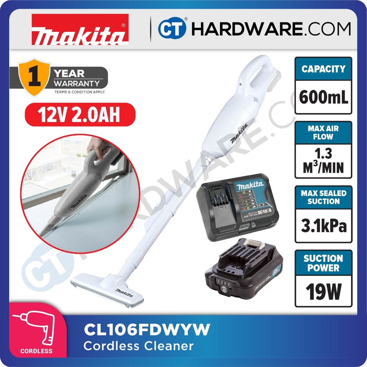 Makita CL106FDWYW/ FDZW CXT 12Vmax Cordless Cleaner 600ml 3.1kPa Incl. 1x 1.5Ah Battery, 1x Charger