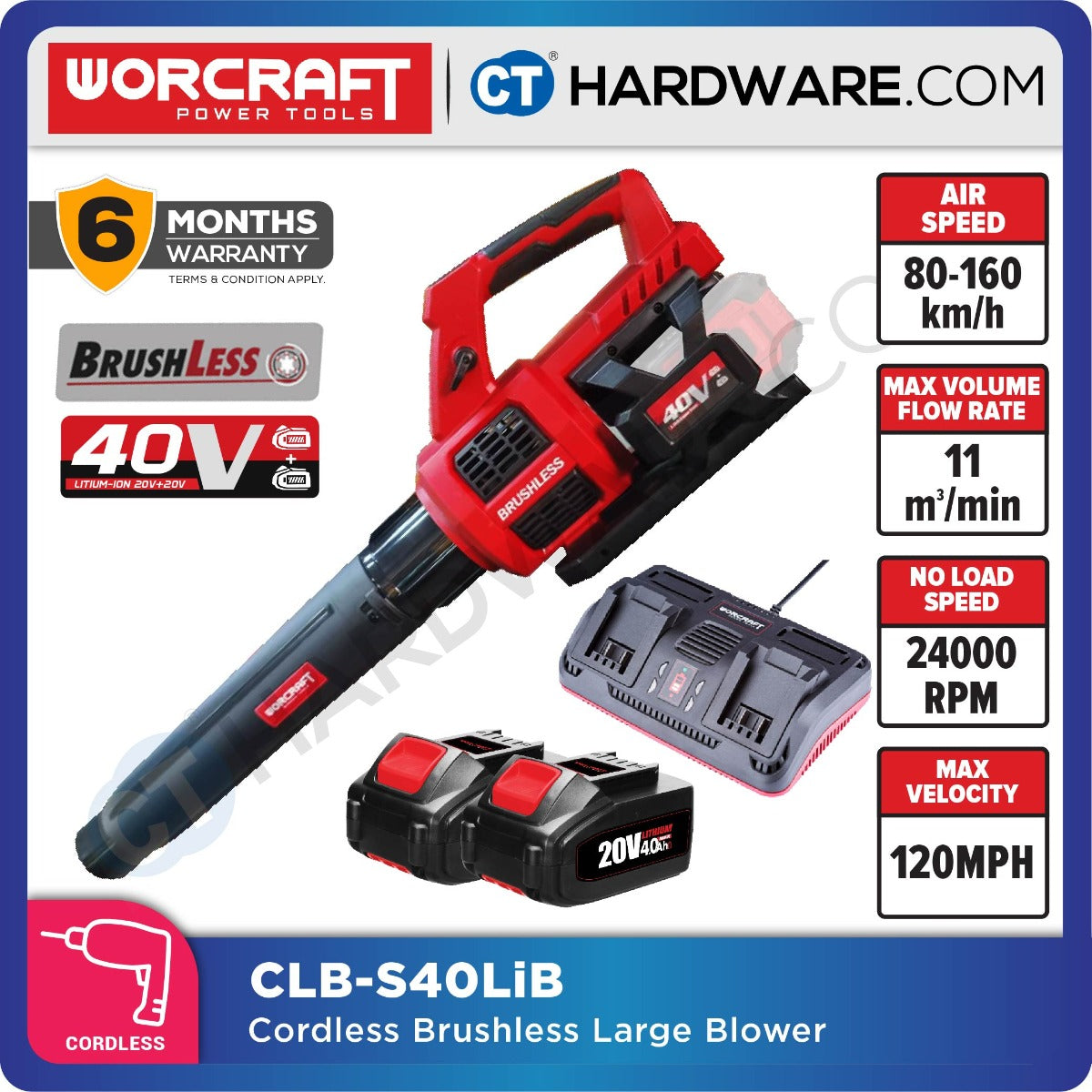 WORCRAFT CLBS40LIBSOLO COMBO WITH 2x2.0AH AND 2-PORT CHARGER CORDLESS BRUSHLESS BLOWER 20V + 20V 80-160 KM/H 11M3/MIN 12000-22000/MIN W/O BATTERY & CHAR