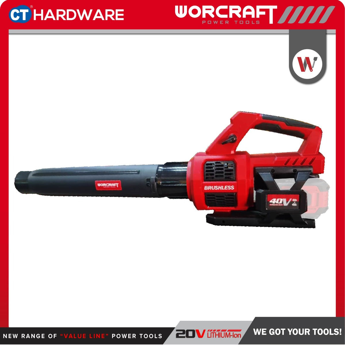 WORCRAFT CLBS40LIBSOLO COMBO WITH 2x2.0AH AND 2-PORT CHARGER CORDLESS BRUSHLESS BLOWER 20V + 20V 80-160 KM/H 11M3/MIN 12000-22000/MIN W/O BATTERY & CHAR