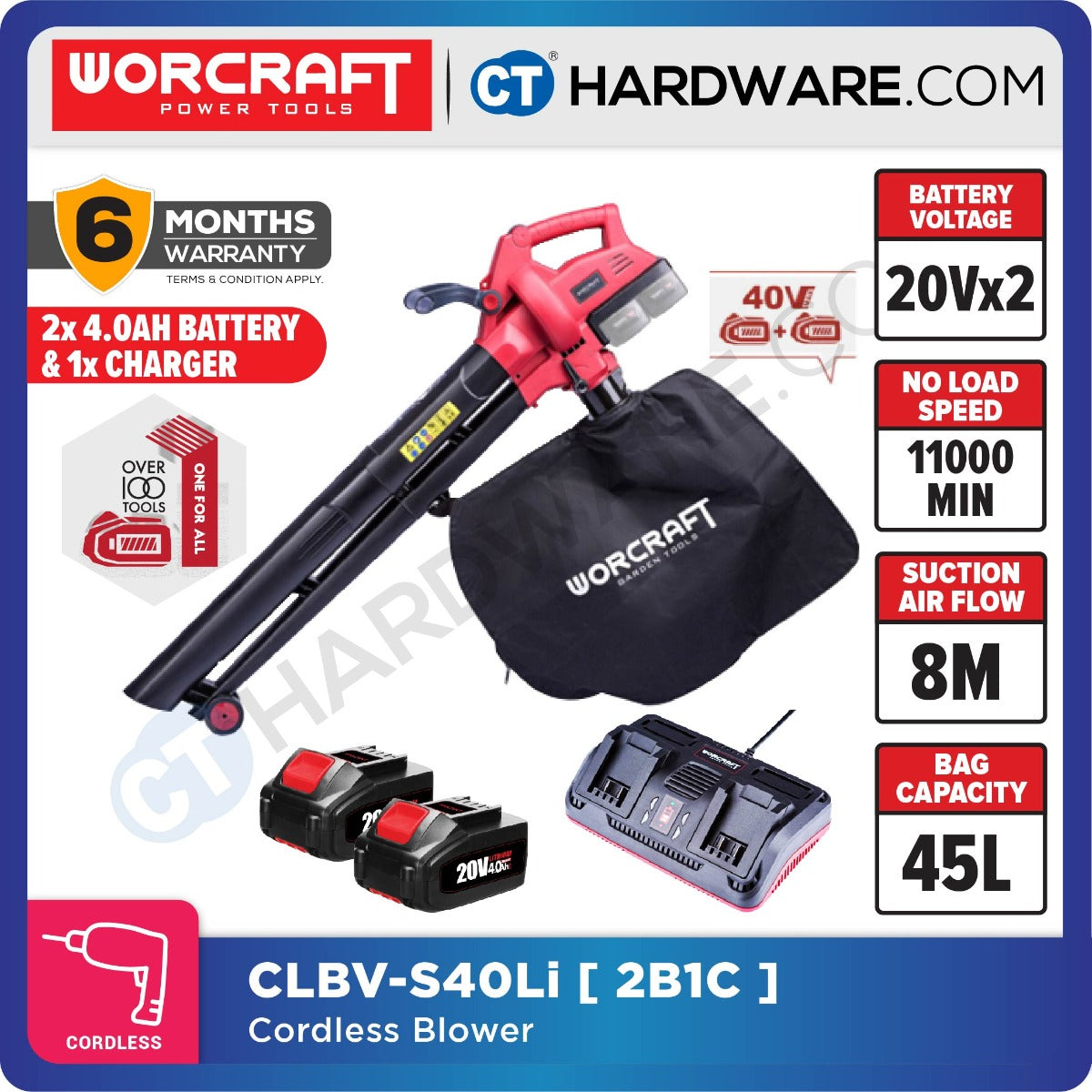 WORCRAFT CLBV-S40LI CORDLESS LEAF VACUUM BLOWER 20V+20V | 7000-12000/MIN | 21KM/H (CLBVS40LI)