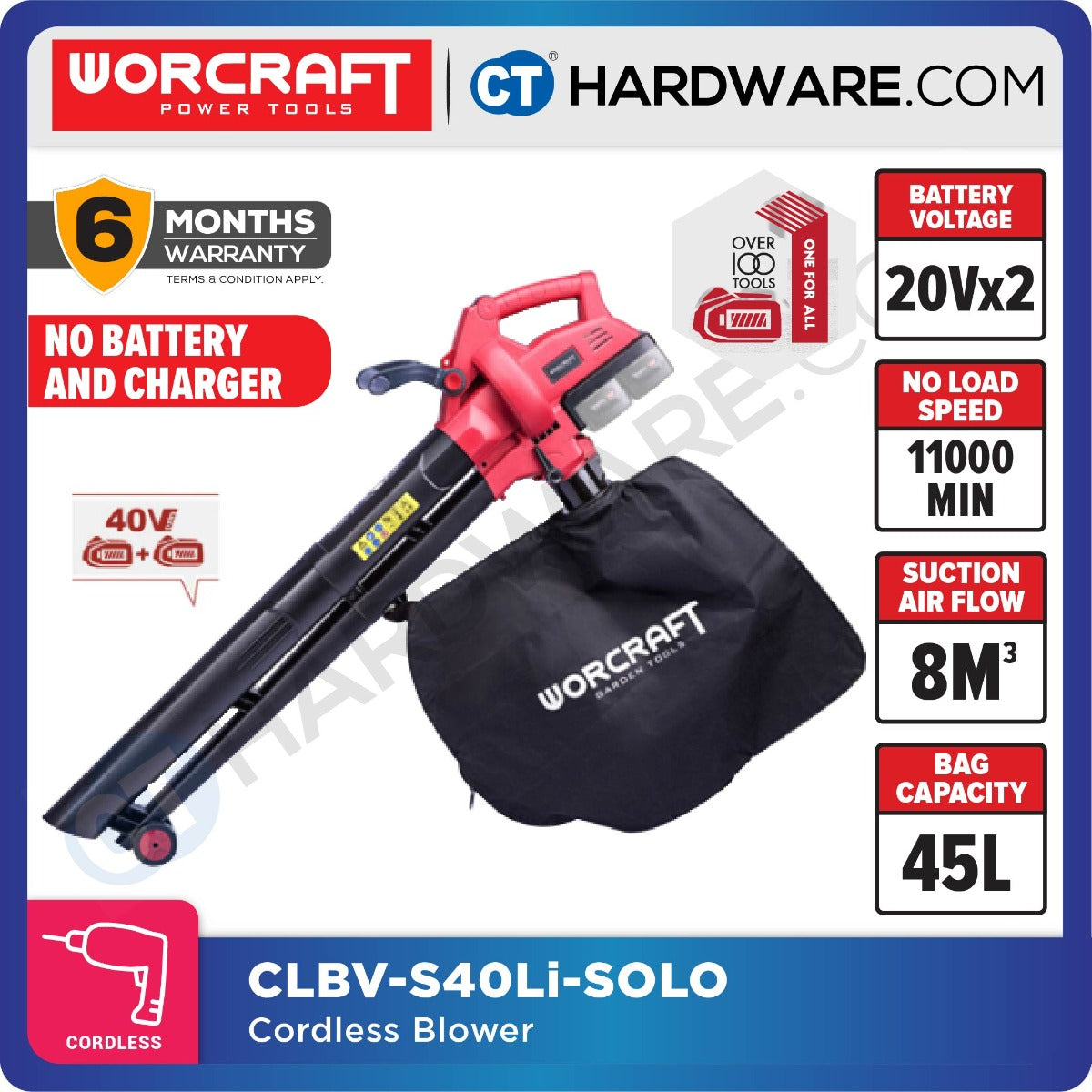 WORCRAFT CLBV-S40LI CORDLESS LEAF VACUUM BLOWER 20V+20V | 7000-12000/MIN | 21KM/H (CLBVS40LI)
