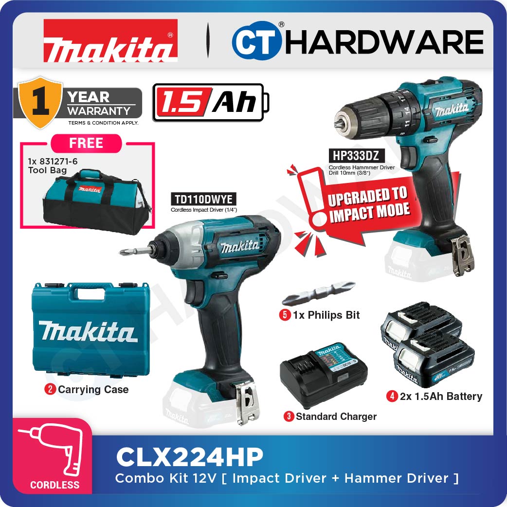 Makita CLX224HP Combo Kit 12V TT110D Impact Driver + HP333D Hammer Drill Incl. 2x 1.5Ah Battery, 1x Charger