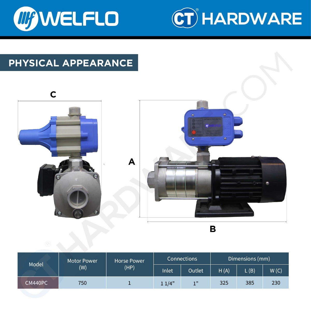 WELFLO CM440PC STAINLESS STEEL DOMESTIC BOOSTER PUMP BATHROOM SUPPORT 4-5