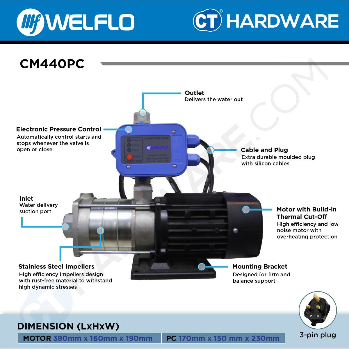 WELFLO CM440PC STAINLESS STEEL DOMESTIC BOOSTER PUMP BATHROOM SUPPORT 4-5