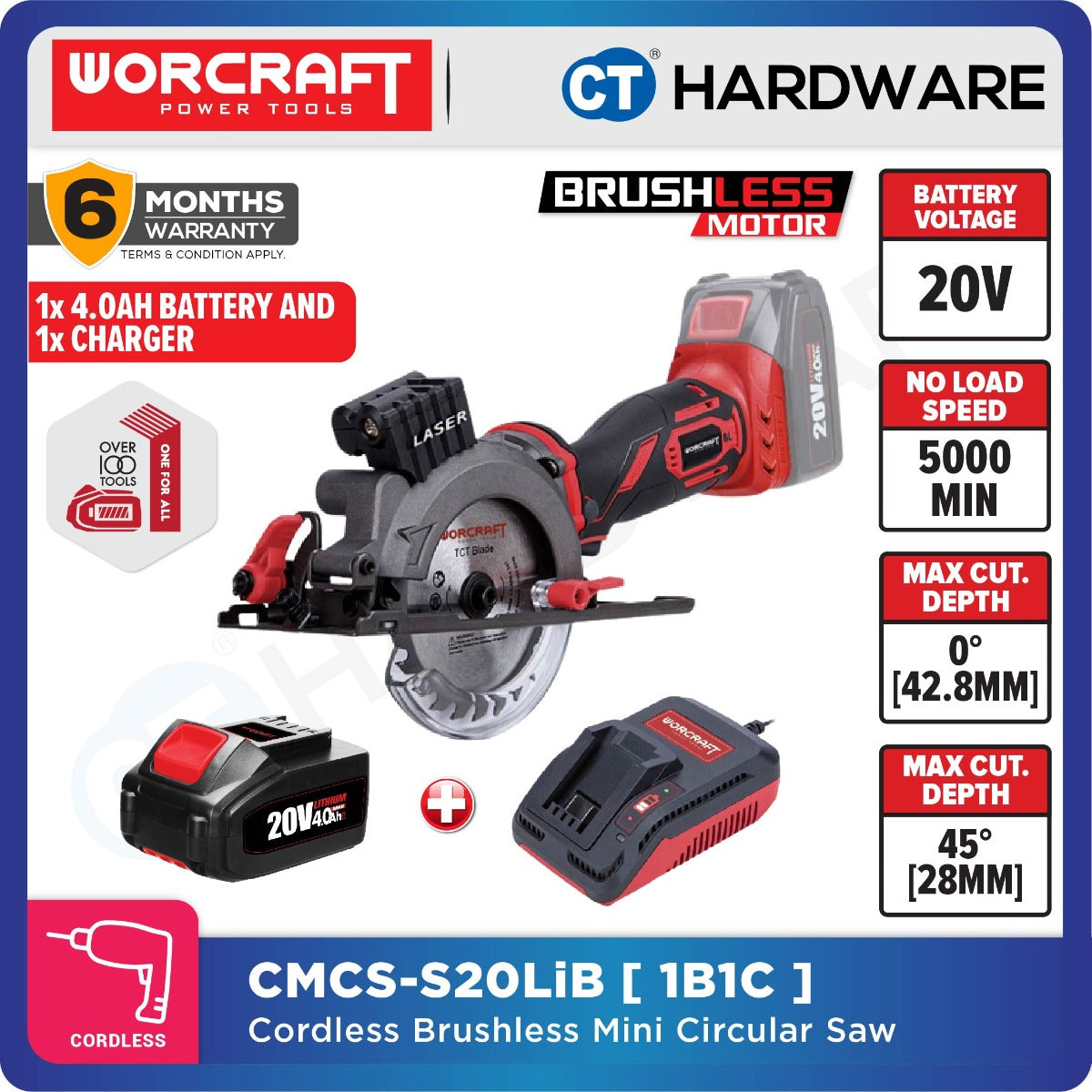 Worcraft CMCS-S20LiB 20V Cordless Brushless Mini Circular Saw 4-1/2" 5200RPM with 24T Blade