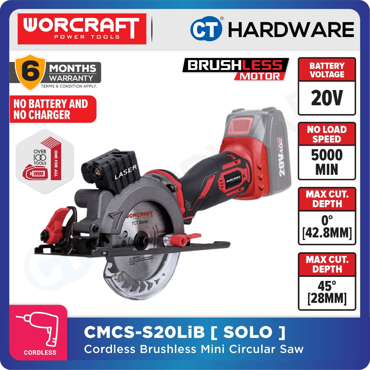 Worcraft CMCS-S20LiB 20V Cordless Brushless Mini Circular Saw 4-1/2" 5200RPM with 24T Blade