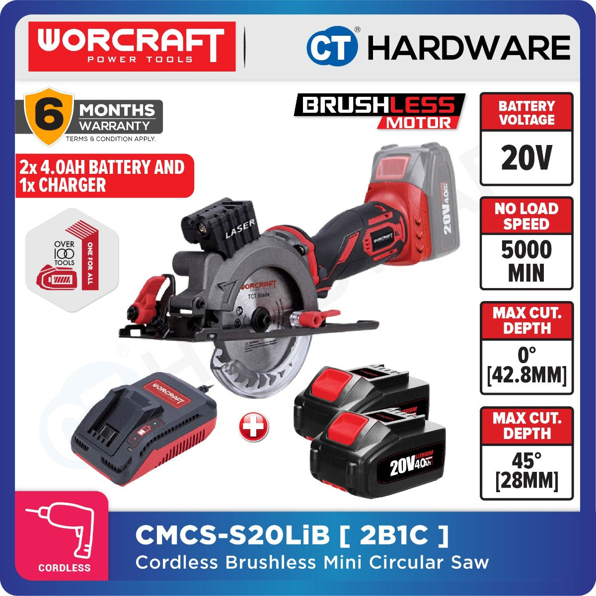 Worcraft CMCS-S20LiB 20V Cordless Brushless Mini Circular Saw 4-1/2" 5200RPM with 24T Blade