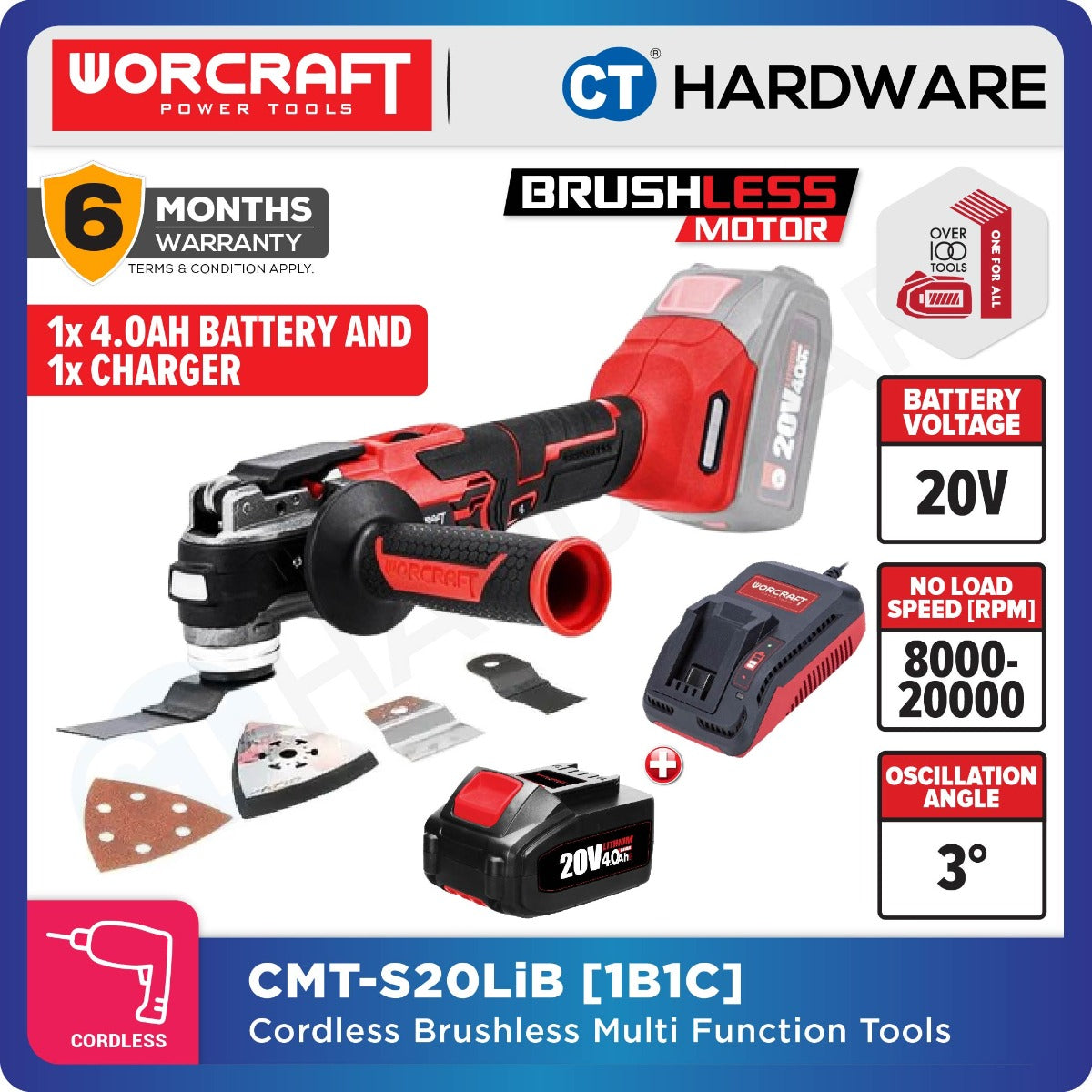 Worcraft CMT-S20LiB 20V Cordless Brushless Multi Tool 8000-10000RPM