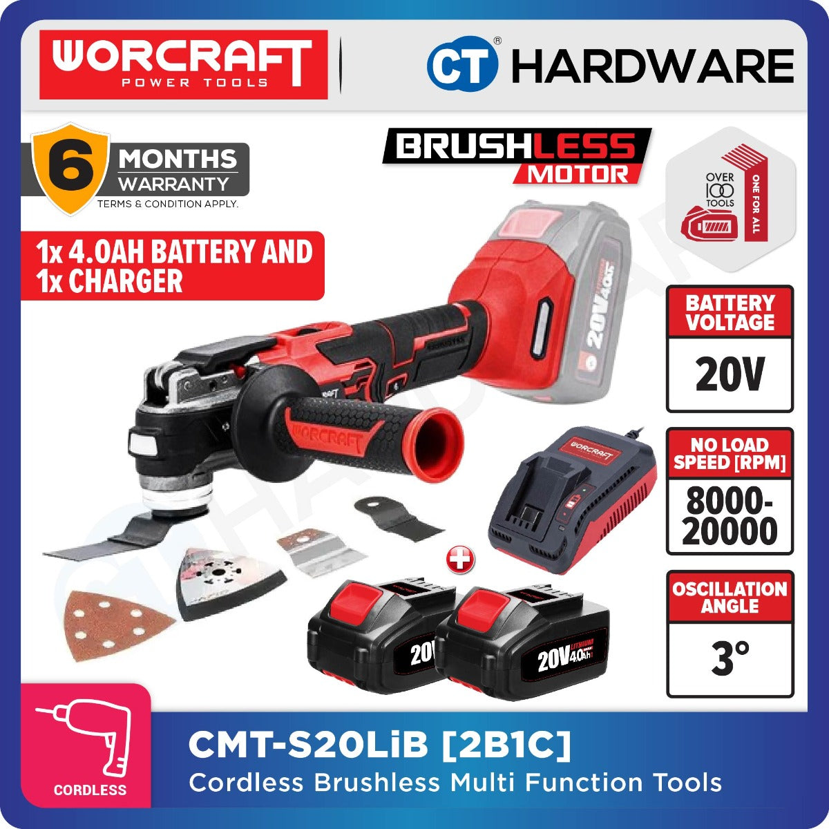 Worcraft CMT-S20LiB 20V Cordless Brushless Multi Tool 8000-10000RPM