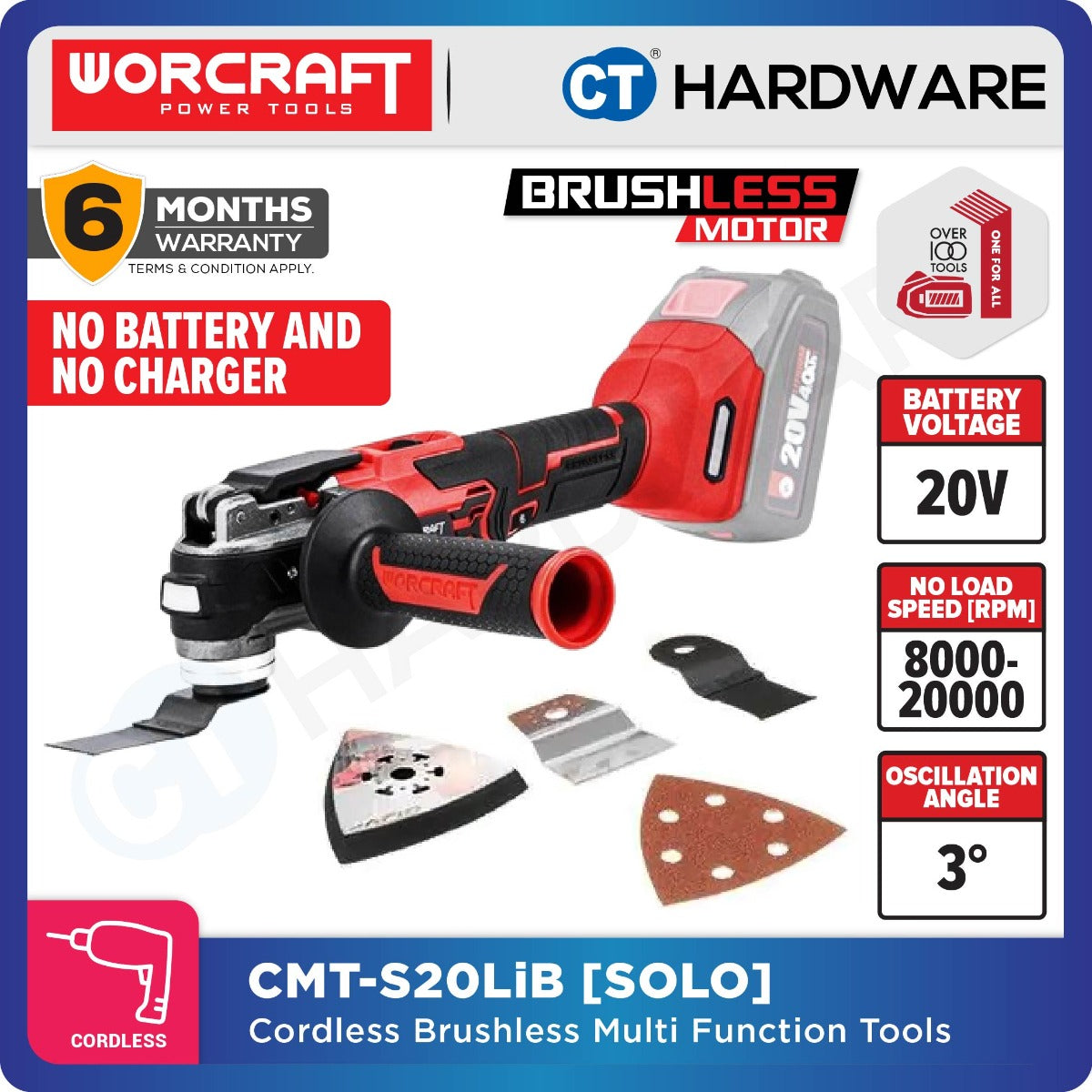 Worcraft CMT-S20LiB 20V Cordless Brushless Multi Tool 8000-10000RPM