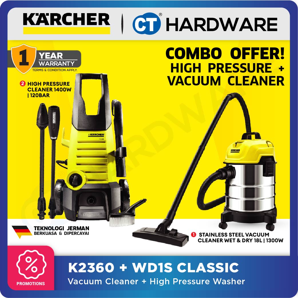 Kärcher WD 1s Classic + K 2.360 2-Tool Combo Set Wet & Dry Vacuum Cleaner and High Pressure Washer